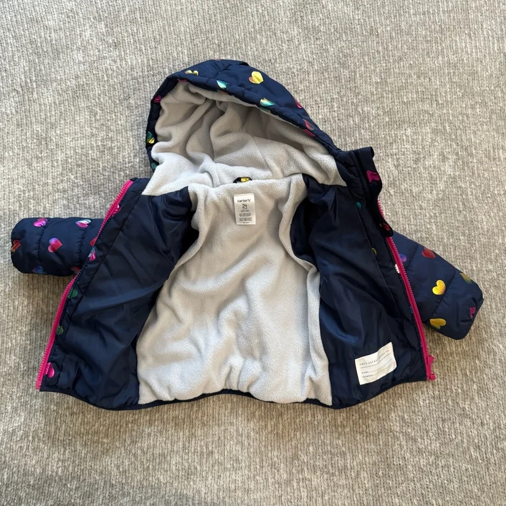 Carter’s Toddler Navy Puffer Jacket Rainbow Hearts‎ Hooded Coat 2T